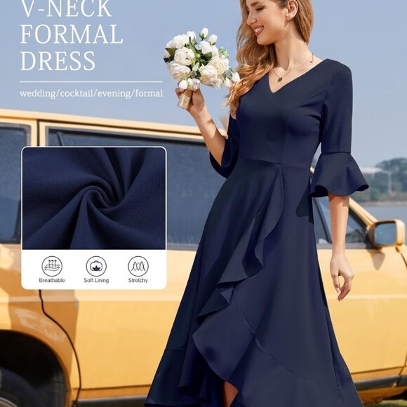 Women's Wedding Guest Dress Elegant Formal Cocktail Bell Sleeve Dress for Prom H - Picture 5 of 7